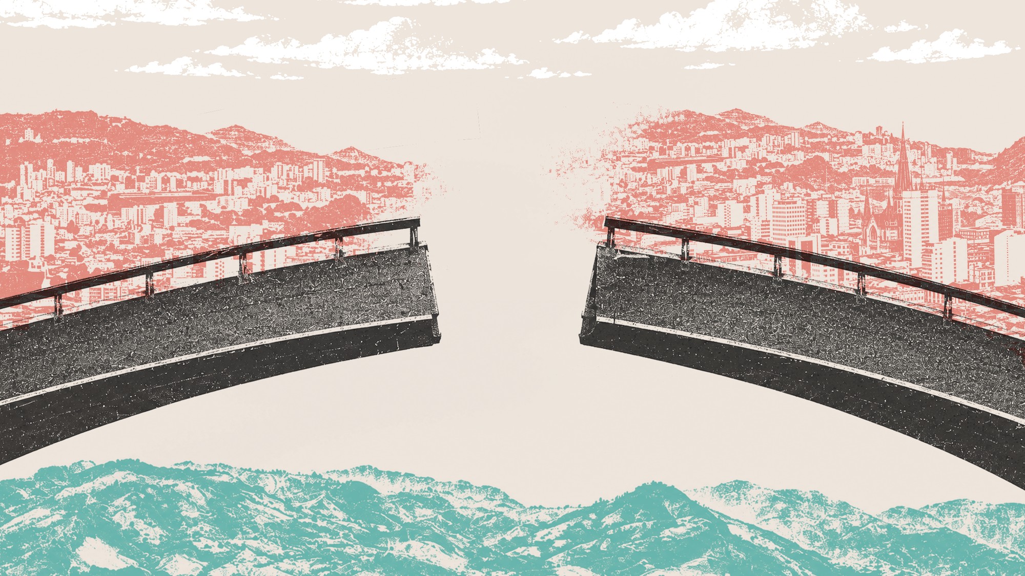 Puente quebrado sobre la ciudad y la cordillera